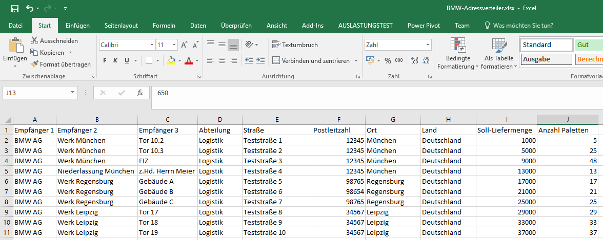 Excel-Beispieldatei für einen Adressverteiler